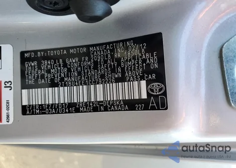 2012 Toyota Corolla Base из США, поврежденный, VIN 2T1BU4EE1CC792226